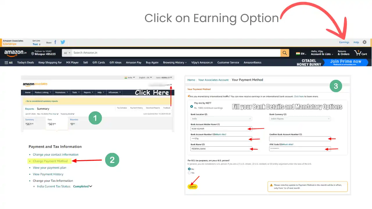 Amazon Associate Account में बैंक डिटेल्स कैसे बदले Step by Step Guide! Amazon Associate Account में बैंक डिटेल्स कैसे बदले Step by Step Guide!