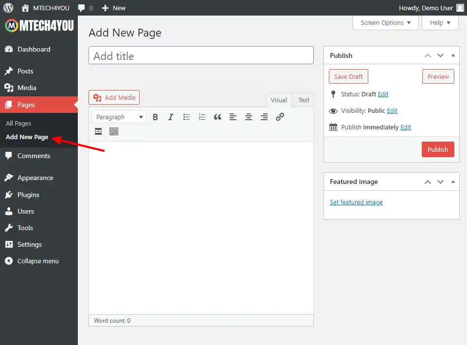add new page in wordpress